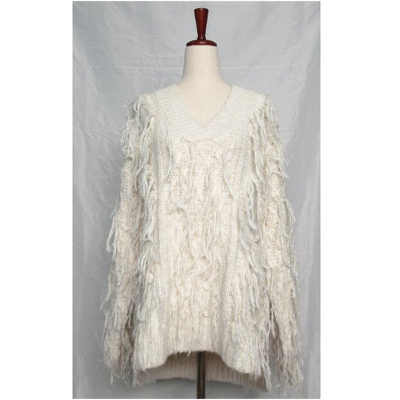 By Anthropologie Fringed Pullover Sweater Ivory White w/ Shimmer - Medium. - Picture 5 of 16